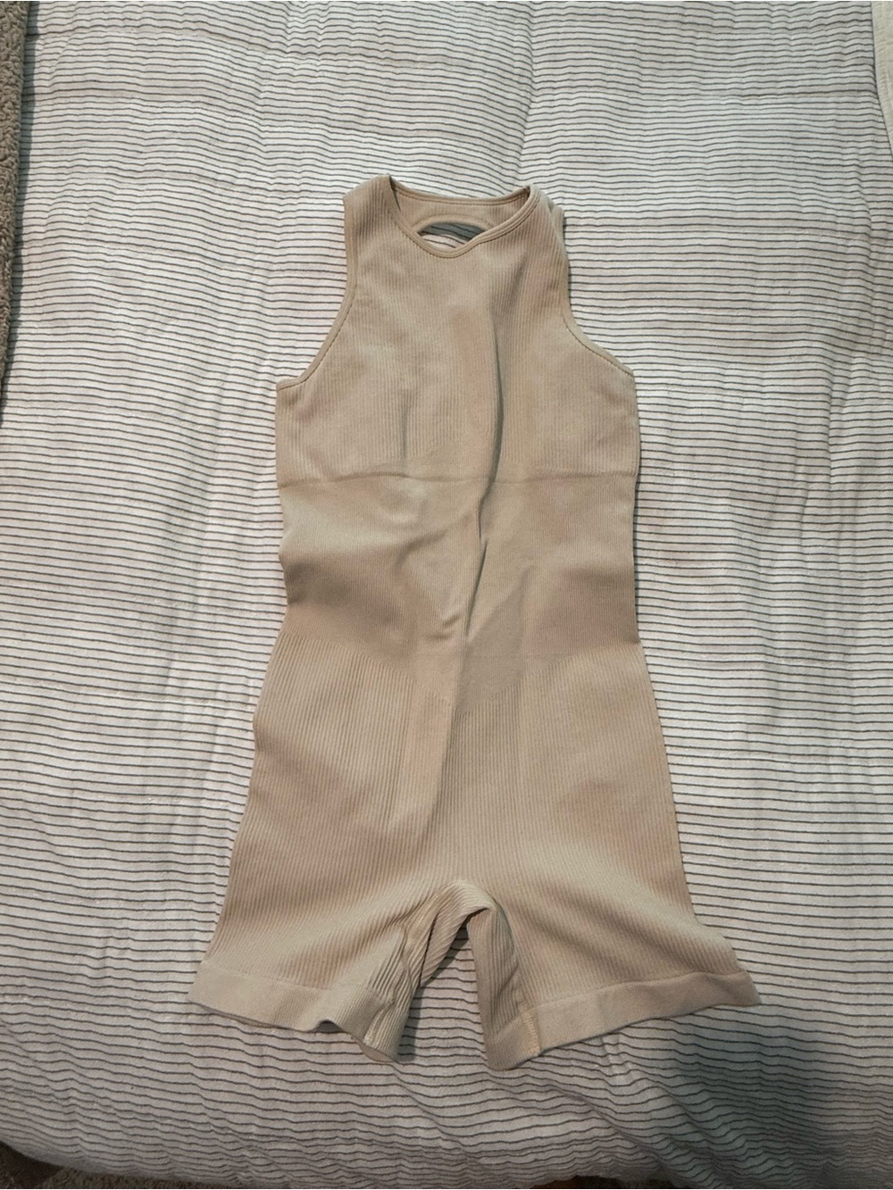 Fashion Nova Sleeveless Ribbed Romper in Beige